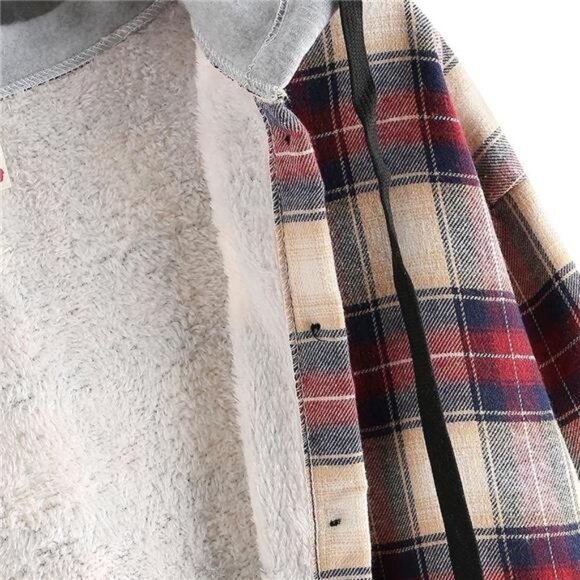 Plaid Fleece Lined Hooded Jacket Button Up Oversized Fuzzy Coat Checkered - Picture 3 of 5